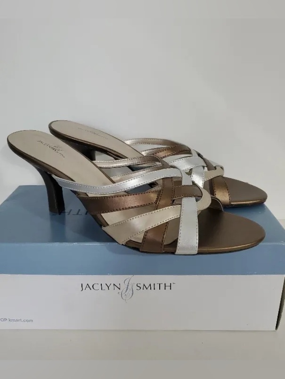 READ! Vintage Metallic Bronze & Silver Strappy Faux Leather Mule Heeled Sandals